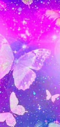 This exquisite phone live wallpaper features a fleet of brightly hued butterflies soaring in the sky against a backdrop of a pink and violet horizon