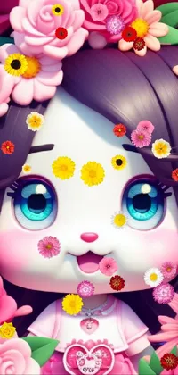 This charming phone live wallpaper showcases a close-up of a doll donning a wreath of colorful flowers on her head, stunningly rendered in a low poly style