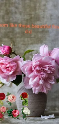 Bring an aura of unbridled beauty to your phone with our latest live wallpaper, featuring a striking representation of a vase filled with lively pink flowers sitting on top of a table