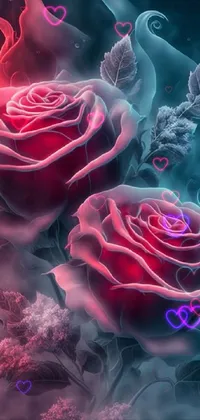 This stunning live wallpaper features a digital art rendition of two lifelike red roses against a blue and pink background