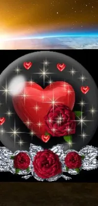 This stunning live wallpaper depicts a snow globe with a heart and roses inside, against a backdrop of glittering stars