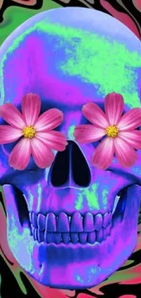 This captivating phone live wallpaper features a close-up of a skull with vibrant flower accents, adorned with stunning digital art