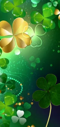This live phone wallpaper features a green background adorned with lucky four-leaf clovers and digital art in shiny gold