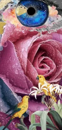 This phone live wallpaper features a stunning close-up of a bird perched on a huge rose flower