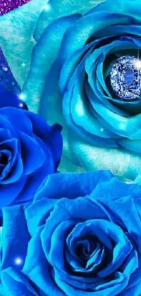 This mobile live wallpaper showcases a stunning close-up view of blue roses in shimmering digital artwork