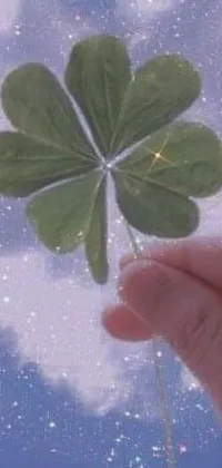This live wallpaper depicts a hand holding a four leaf clover in a dreamlike, magical atmosphere