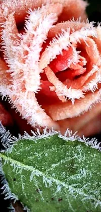 This phone live wallpaper showcases a visual spectacle of a frost-covered flower in a breathtakingly close-up view with ornamental edges