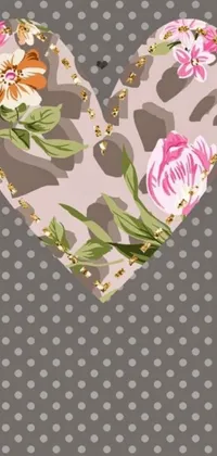This phone live wallpaper showcases a vibrant heart decorated with floral bling, set against a polka dot background in taupe