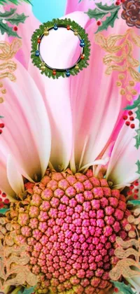 This live wallpaper features a stunning pink flower close-up on a soothing blue background with beautiful jewel-like embellishments