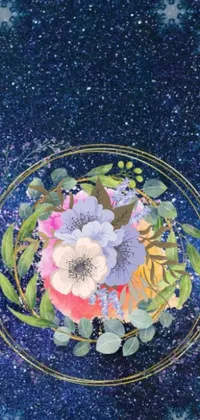 This charming phone live wallpaper features a hand-painted design of colorful flowers arranged in a circle, set against a deep indigo background with twinkling stars