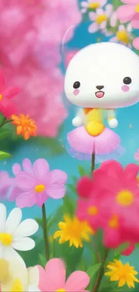 This live wallpaper features a charming fluffy stuffed animal in a vivid field of flowers