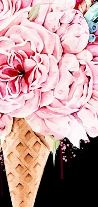This phone live wallpaper showcases a beautiful watercolor painting of a flower arrangement in an ice cream cone