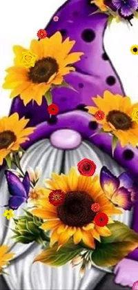 This phone live wallpaper features a charming image of a gnome standing in a sunflower field, with purple accents and beautiful graphics