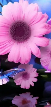 This phone wallpaper is a digital art masterpiece that captures the essence of nature with its pink flowers and blue butterflies painting