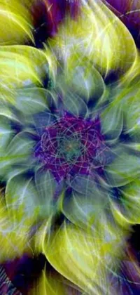 This phone live wallpaper features a bright yellow and purple flower against a generative art pattern of whirling green smoke