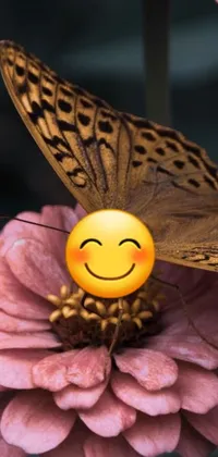 This phone live wallpaper features a vibrant butterfly resting on a soft pink flower against a lush green background