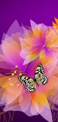 This phone live wallpaper boasts a beautiful vector art butterfly, elegantly perched on a vivid flower against a rich purple background, accompanied by stunning large flowers in the background