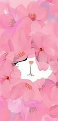 This live wallpaper showcases a playful and vibrant illustration of a cute feline sitting amidst an impressive field of pink flowers