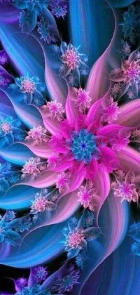 This live wallpaper features a stunning digital rendition of a purple and blue flower set against a black background