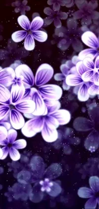 This phone live wallpaper showcases a digital artwork of sparkling purple flowers set against a black background