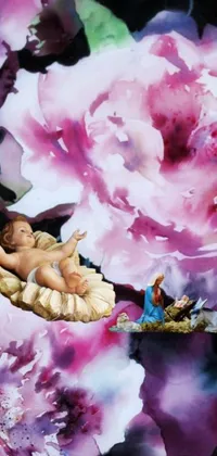 This phone live wallpaper showcases a beautiful painting of a baby in a boat surrounded by vibrant flowers