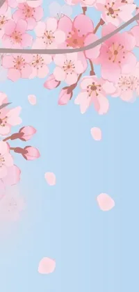 This live phone wallpaper features a pixel art of a blooming tree with pink flowers set against a light blue background with drops of water falling from the branches