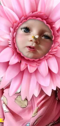 This live phone wallpaper features an ultra-realistic close-up of a baby wearing a vibrant flower costume