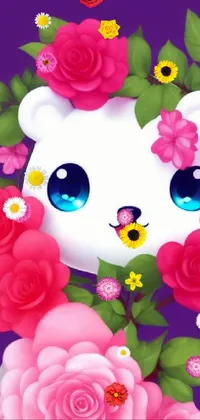 This live wallpaper for your phone features a charming teddy bear surrounded by vivid flowers set against a lineless design by Kubisi art on DeviantArt