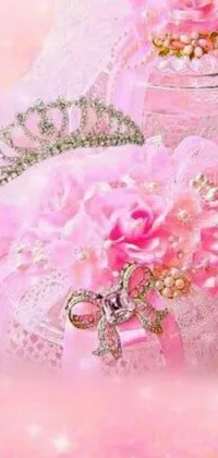 This phone live wallpaper boasts a stunning Rococo design featuring a colorful flower tiara atop a charming table