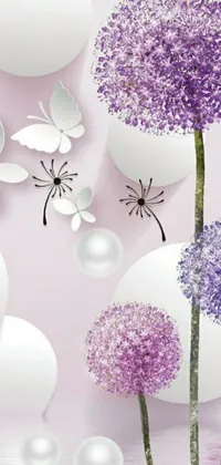 This phone live wallpaper features a group of purple flowers floating on top of a body of water, complemented by delightful butterflies, puffballs, and a subtle gradient of light purples and pinks