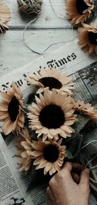 This lively phone live wallpaper features a vibrant bunch of sunflowers held against a modern, tumblr-esque background with hints of baroque design elements