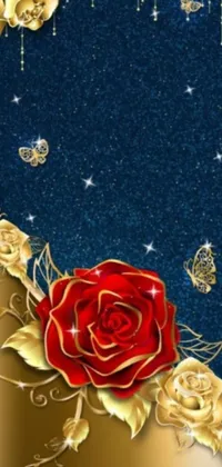 This phone live wallpaper features a stunning gold and red rose on a beautiful blue background