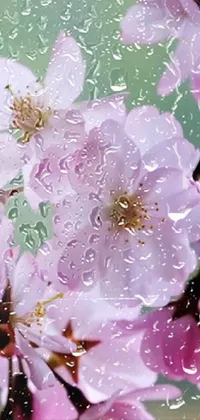 This phone live wallpaper features a breathtaking close-up of flowers on a tree, covered in water droplets for a stunning effect
