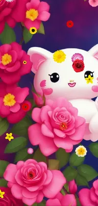 This lovely phone live wallpaper depicts a charming scene of a white feline resting on a bed of pink flowers