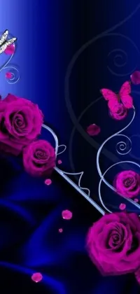 This stunning live phone wallpaper features a beautiful blue background adorned with delicate pink roses and flitting butterflies created by an artist on DeviantArt