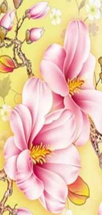 Get lost in the stunning beauty of this phone live wallpaper featuring a vibrant display of pink magnolia flowers against a bright yellow background