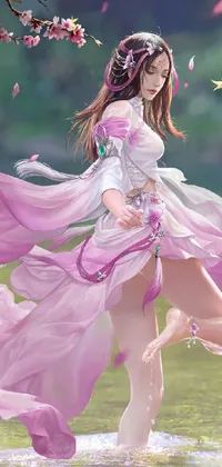 This phone live wallpaper features a stunning artwork that depicts a woman standing in calm water, surrounded by flowing sakura silk with a dreamy, natural scene in the background