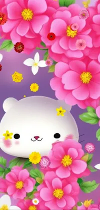 This phone live wallpaper is an adorable depiction of a white feline surrounded by a mesmerizing array of pink flowers and butterflies in a captivating natural setting that will make your phone screen come alive