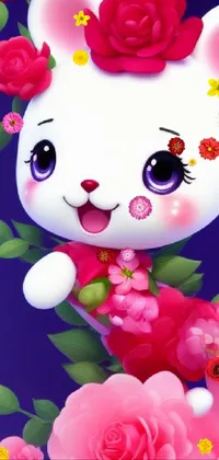 Get this adorable phone live wallpaper that features a close-up of a cat with a crown of flowers on its head against a bustling Beijing street background