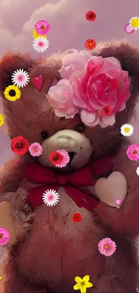 This live phone wallpaper features an endearing teddy bear with a flower atop its head, depicted with a romanticism style