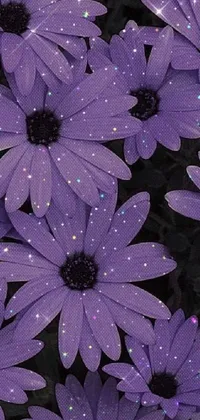 This phone live wallpaper showcases a close-up of splendid purple flowers, surrounded by sparkling stars to create a starry night backdrop