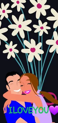 This phone live wallpaper is a beautiful, hand-drawn vector art piece depicting a couple lovingly embracing in front of a colorful explosion of flowers