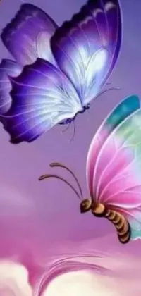 This live phone wallpaper showcases three stunning butterflies in shades of blue and purple, fluttering among the cloudy sky