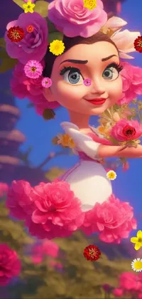 This live wallpaper showcases a stunning digital art piece of a doll with charming flowers in her hair