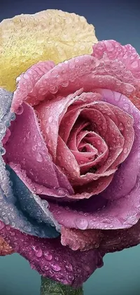 This vibrant phone live wallpaper captures a hyperrealistic close-up of a flower adorned with intricate, decorative roses and water droplets