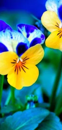 Looking for a stunning live wallpaper that captures the beauty of nature? Check out this colorful and adorable phone wallpaper featuring a close-up shot of yellow and blue flowers against a lush green backdrop