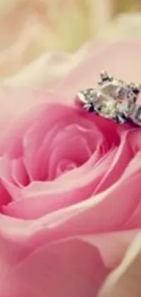 This mobile live wallpaper showcases a charming wedding ring resting atop a soft pink rose and gleaming with a stunning diamond