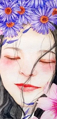 This delightful phone live wallpaper showcases a watercolor painting of a tranquil young woman wearing flowers in her hair