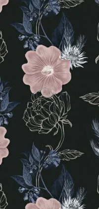This stunning phone live wallpaper features a black background adorned with beautifully detailed pink and blue flowers