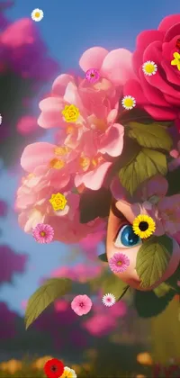 Get lost in a magical world with this phone live wallpaper featuring a beautiful doll surrounded by blooming flowers